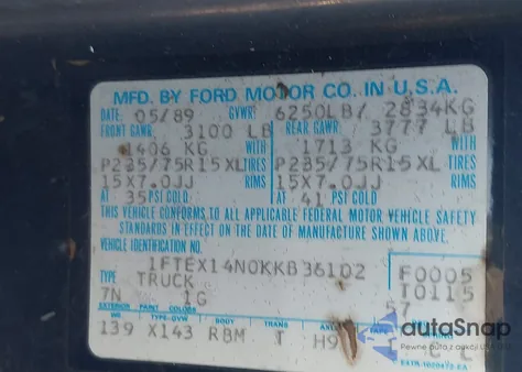 1989 Ford F150 z USA, uszkodzony, nr VIN 1FTEX14N0KKB36102